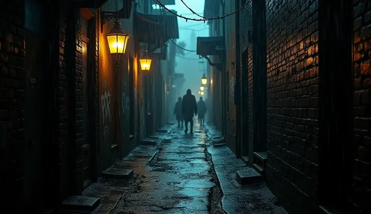  A narrow, dark alley during an intense nighttime storm .  The brick walls are covered with graffiti and water dripping .  The floor is full of puddles that reflect the faint light of flickering yellow lanterns.  The rain falls intensely , creating a dense...