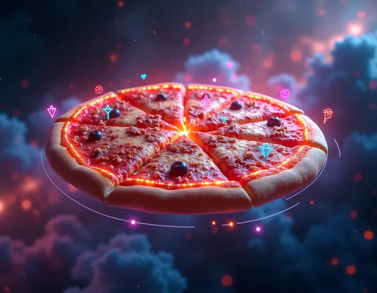  a hyperrealistic image,adstech ,Of a pizza , science fiction ,colorful symbols, holographic ,neon, Extremely detailed,In space with a galaxy