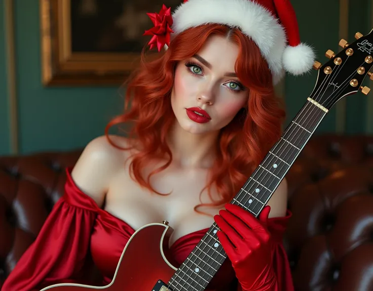  Photorealistic lips of a beautiful 19-year-old woman with big breasts , with big blue eyes and voluptuous lips and ,  blushed pink ,  red hair who wears a pompous Christmas hat and a red ribbon and wears red gloves, silk and pompous ,  she is sitting and ...