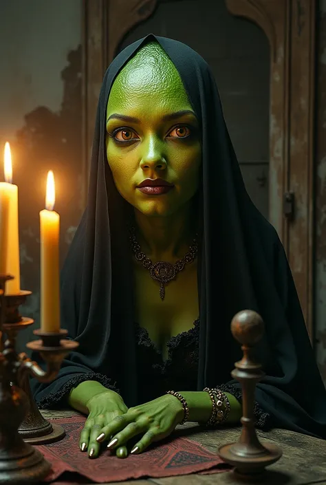 An avocado woman with eyes and mouth lost in an old house with candles and a lot of witchcraft in the years 1.600