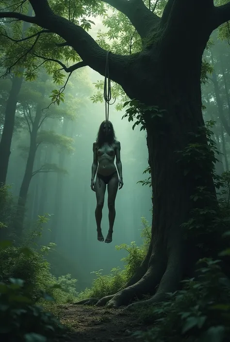 a leafy tree in the woods with a rope and a dead body hanging