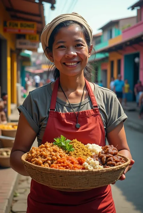 Street vendor offering their cuisine inside a basket, His clothing and facial features are native to Colombia