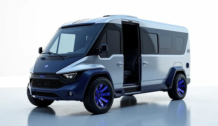 A striking futuristic image of the Astra Nomad Camper Van, showcasing its bold, sleek combination of shiny metallic silver and deep midnight blue exterior. The motor home boasts rugged off-road tires with striking blue rims, designed for conquering any ter...