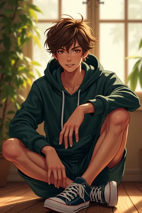 masterpiece, Alone,  Top Quality, 1 male, Youth,   Fine Details  ,  good-looking,  detailed eyes,  Complex Details ,  casual wear,  oversized hood , shorts, Tennis shoes ,  tousled brown hair ,  medium length hair , complex pattern,  the best light and sha...