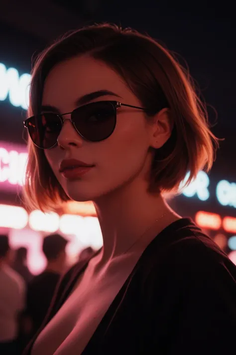 Alternative girl,  looking over black sunglasses , cropped, makeup,  short hair, neon light background , low light,  depth of field , Highly Detailed,  high contrast ,  movie grain,  Edge lighting , Long exposure, dslr