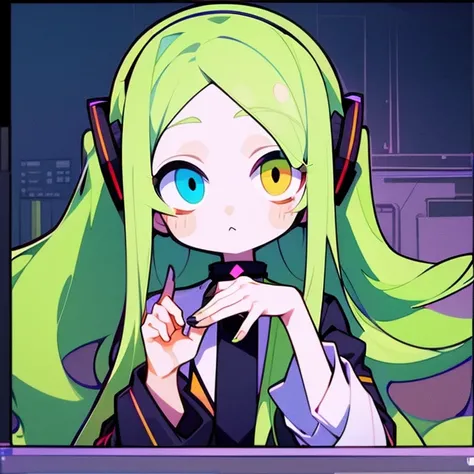 Terada Terakaze 「(((Anime)))  one woman, desk that was separated in the middle,Put your hands on the keyboard , long hair,( green hair), A woman with a book is using a computer on a , headphones, rainbow heterochromia,(( blue eyes)), yellow eyes, big eyes,...