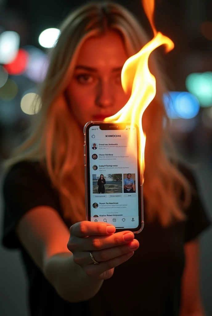 blonde korean girl holding a burning cellphone in the air. The background is dark with some light bokeh like commercial space. On the burned phone screen, social media profiles with the name KIKIMOCHI and some other information such as Lives in Jakarta, In...