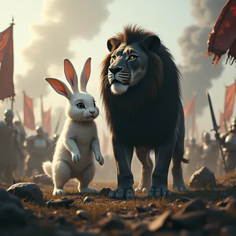 Rabbit and a black lion Looking at a battlefield they conquered