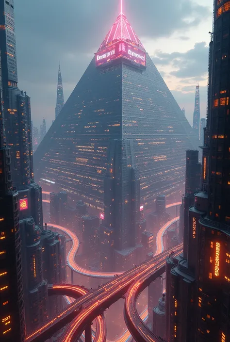 A sprawling cyberpunk metropolis, where the ancient grandeur of the Giza Pyramid is juxtaposed with a futuristic skyline. At the epicenter of this urban sprawl, the iconic pyramid has been transformed into a gleaming neon beacon, with its original stone su...