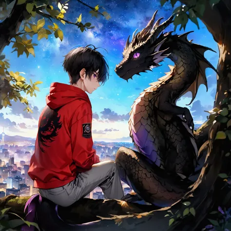 ((best quality, 8k, highres, masterpiece:1.2), ultra-detailed, (realistic, photorealistic, photo-realistic:1.37), ((high quality)), ((8K Ultra HD)), ((masterpiece)), ((anime)), 1male, dragon guy, young adult, black hair, purple eyes, dragon tail, purple ta...