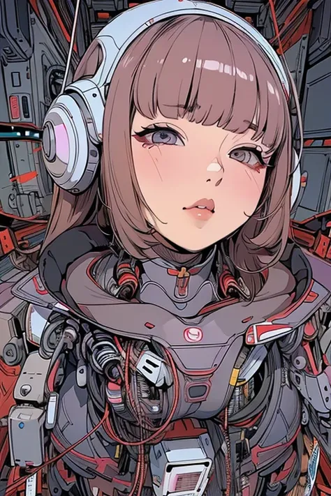 masterpiece, best quality, extremely detailed,portrait,front view,Japaese android girl,Plump, control panels,android,Droid,Mechanical Hand, Robot arms and legs,Blunt bangs,long tube,thick cable connected her neck