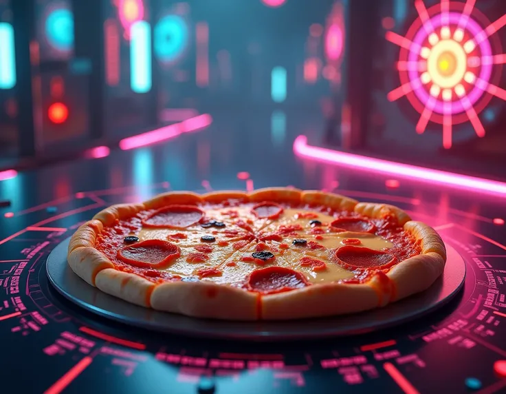 a hyperrealistic image with neon effects of a pizza in the center of the image,adstech , science fiction ,colorful symbols, holographic ,neon, Extremely detailed,