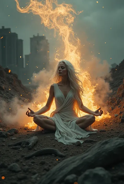  A woman with long white hair , I want her to lie down like Phoenix Nirvana, She will become a phoenix like a woman ， and everything around will be destroyed ，Reduced to ashes，The weather will also be dark 