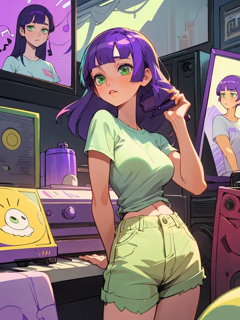 (best quality, masterpiece), 1girl, short sleeve, Long hair, shorts,blunt bangs, purple hair, green eyes, medium breasts, white t-shirt, short sleeve, relaxing, inside the room, listening to music