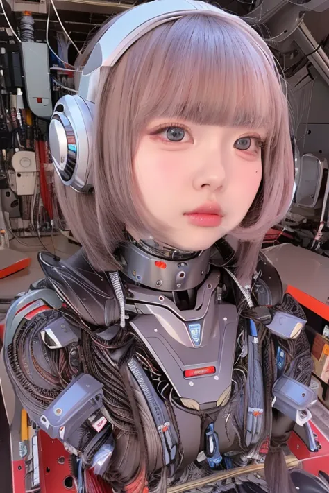 masterpiece, best quality, extremely detailed,portrait,front view,Japaese android girl,Plump, control panels,android,Droid,Mechanical Hand, Robot arms and legs,Blunt bangs,long tube,thick cable connected her neck