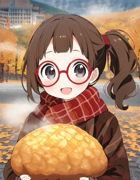 autumn outdoor, Scarf, open mouth, looking at viewer, upper body, (White breath:1.2), landscape,
1 girl with giant baked sweet potato in downtown., , Elementary school girl, brown hair, big eyes, black eyes, ((red round eyewear)), side ponytail, smile, blu...