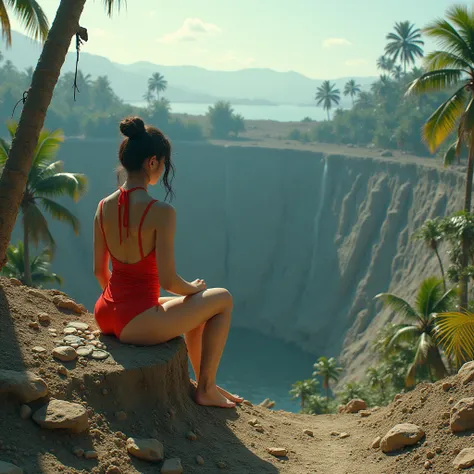  devastated world。A woman in a red skin swimsuit sitting at the edge of a crater built on the seaside 。 has completely destroyed a tropical set and fragments of dioramas are scattered around