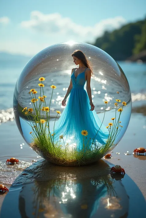 Crystal clear shine in crystal ball, crystal woman in blue dress looking at camera in flower garden inside crystal ball, half-crouched, UHD 64k, masterpiece, clarity, crystal glass model, soft light outside crystal ball, small crabs on the beach there, ver...