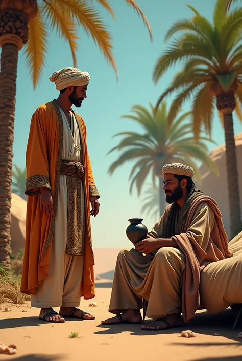 A man in Islamic dress is standing near palm trees. A poor man is tattered clothes on his bed. He is holding a blanket in one hand and a water pot in the other.make a 3d image.