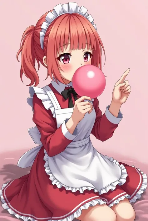 A really super hot maid normal anime girl blowing a gigantic bubble gum 1girl, Blush, High Resolution, Best Quality, Hair, Blush, Smile,she blowing the biggest bubble gum ever,she dont hold the huge pink bubble gum 
While facing in the ,while sitting down
