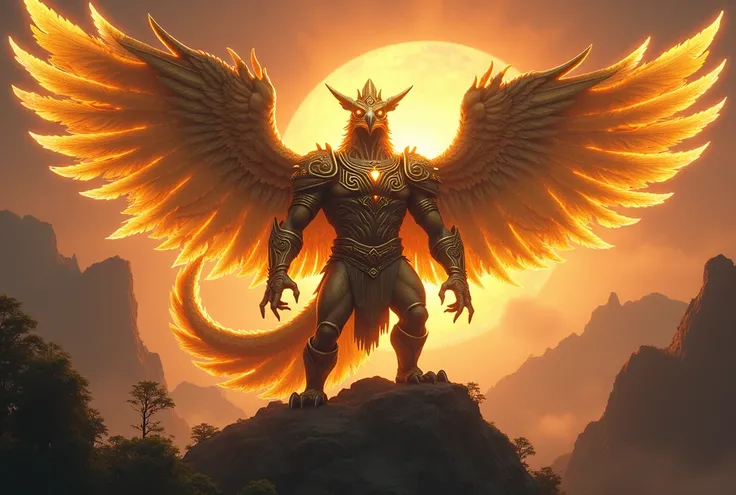 **Prompt:**  
"A majestic and fearsome kaiju inspired by the *Garuda*, the mythical bird from Indonesian culture, towering with an immense, regal presence. The kaiju has a muscular humanoid torso, adorned with intricate golden armor resembling the ornate f...