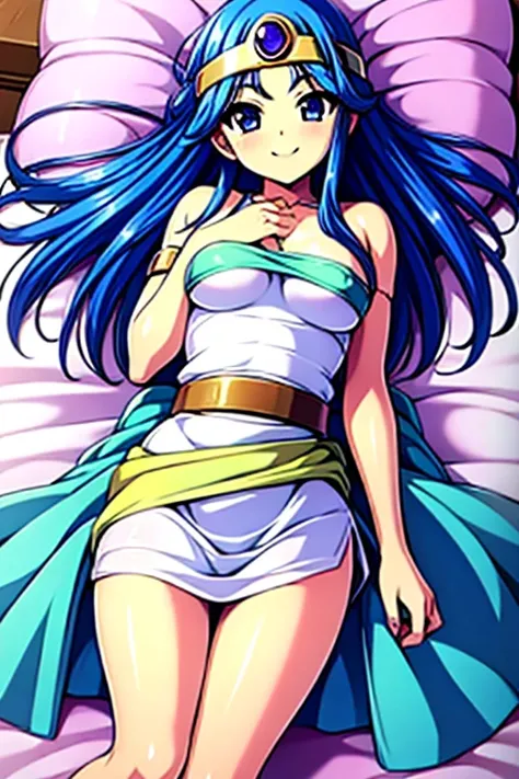  best quality, sage,  Dragon Quest 3 , Blue Hair, Attach a gold ring with a gemstone embedded in it to your forehead,  IN BED,　 lying on your back ,   crotch,  (( smaller breasts)). smile,  open her mouth 