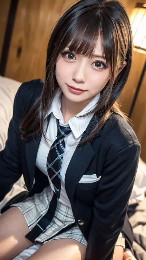 ((masterpiece,  best quality,  high definition ,  Ultra High Definition)),  Japanese High School Girls,(Realistic:1.4)、 smiles、Embarrassed、 Amazing Face 、Pointed Mouth、 closes her mouth、Glossy Lips 、 Long Hair,(Beautiful Hair:1.5)、 high school uniform ,(Bl...