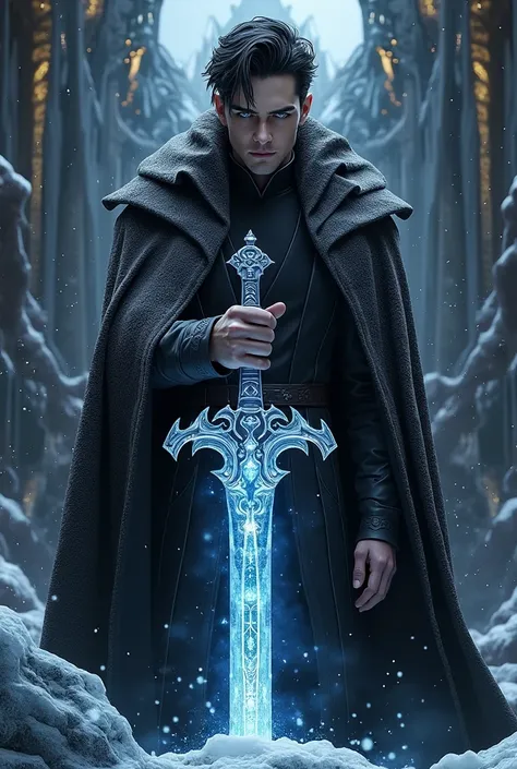 Ice landscape with mountains and castle. A man with black hair and blue eyes . Dressed in black with an ice sword in his hand.