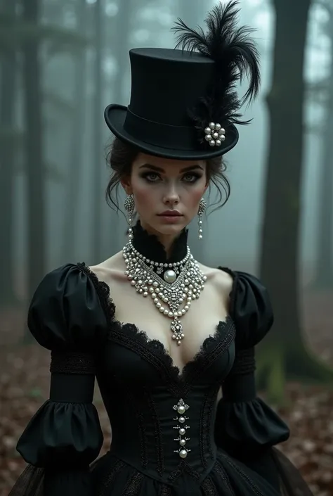  Breathtaking beautiful Gothic woman , beautiful eyes,  rococo style dress in black color with pearls set on the dress itself, a top hat with a black feather with a pearl ,  luxurious jewelry made of pearls ,all very elaborate . deep a dark forest with a l...