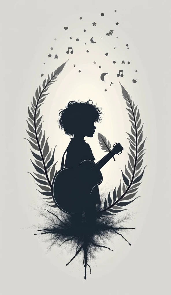 A minimal, modern, simple, cinematic, inspirational, poetic, masterpiece fantasy logo made of feathers for a brand called "Penamemoria". The logo must be the figure of a fantasy mysterious, storytelling boy playing acoustic guitar and a feather. The logo m...