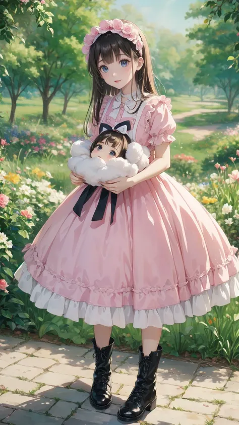   anime style 、story、、   pretty girl 、とてもcute天使、  pink gothic dress 、cute、baby face、smile、  Long Skirt 、   black boots 、Very cute headband
