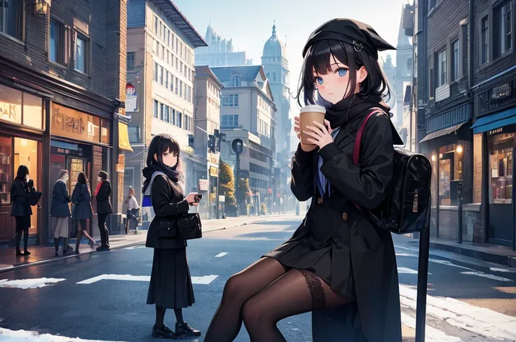 High image quality, high resolution, smooth gradation, vivid colors,  a scarf, a black cloak, a black student uniform, black stockings, black lace-up shoes, school bag, black hair, a high school girl, Early morning, blue landscape, late autumn, old town bo...