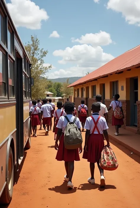 A school in Kiambu County, Kenya with school s neatly dressed with bags alighting from Kiambu school bus toward a very well constructed school with smartly dressed teachers warmly welcoming the s to well built classrooms