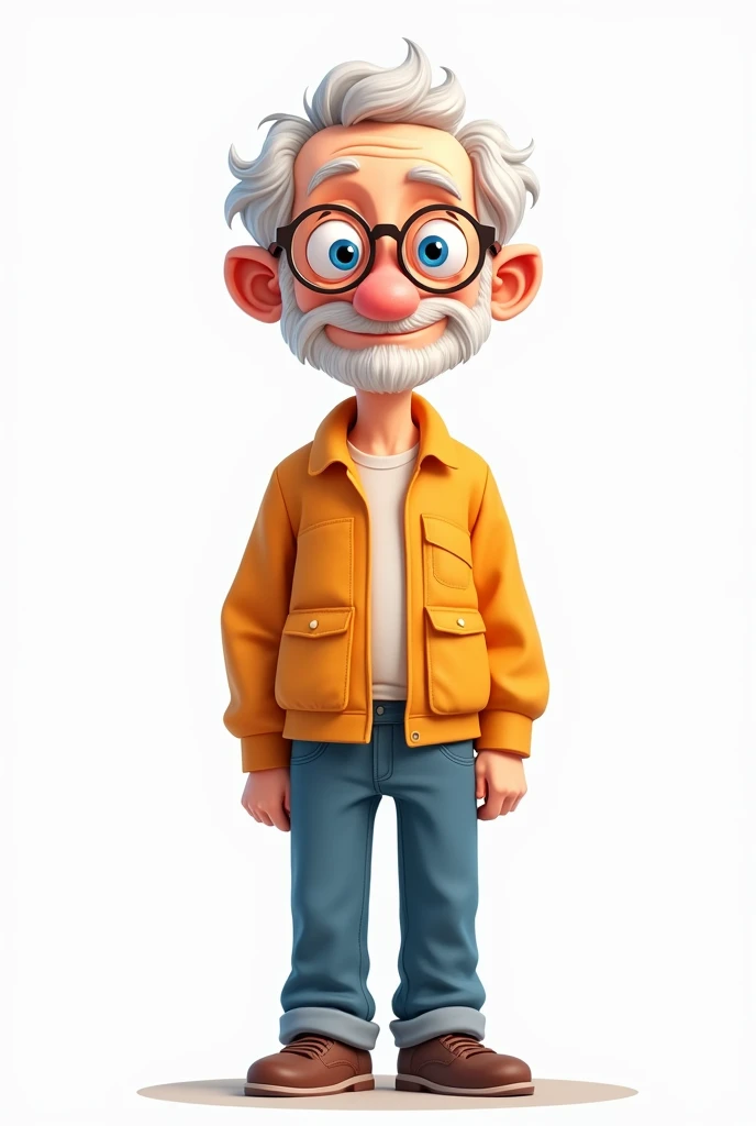 A cartoon-style illustration of an elderly man seen from a distance. He has bright blue eyes, wears glasses, and is clean-shaven. The man is depicted with a simple and colorful design, standing against a plain white background. His outfit is casual, with s...