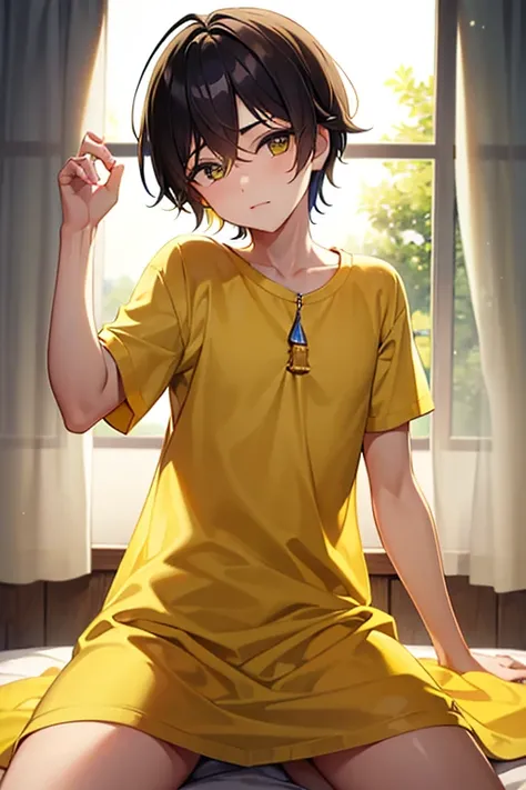 teenage boy wearing plain yellow tunic, (beautiful detail eyes), (soft+cute), ((best quality)), ((masterpiece))