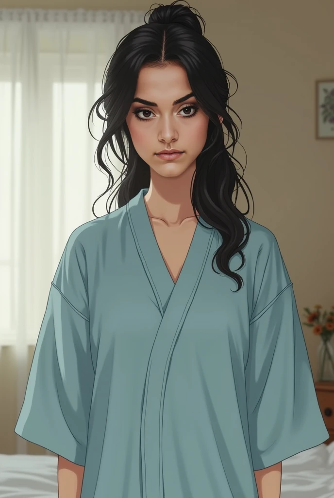 Real human photo, Fika is a young woman with  medium olbosy, shoulder length  wavy  black hair and fair skin. She has well-defined eyebrows, large black eyes, and a neutral expression on her face.  . Wearing plain lighht  blue kimono sleeping dress, with p...