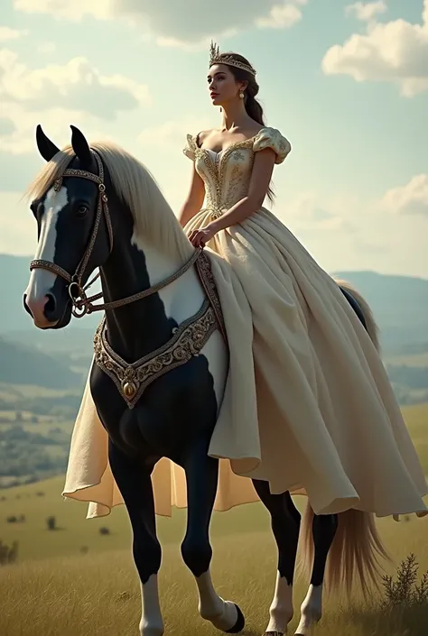 Princess riding a black white horse