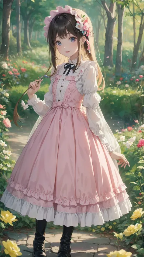   anime style 、story、、   pretty girl 、とてもcute天使、  pink gothic dress 、cute、baby face、smile、  Long Skirt 、   black boots 、Very cute headband
