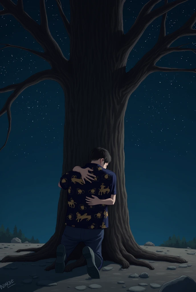 Make a star on which the ground is lined with stones, someone is hugging a tree, wearing a black, brown dog shirt.