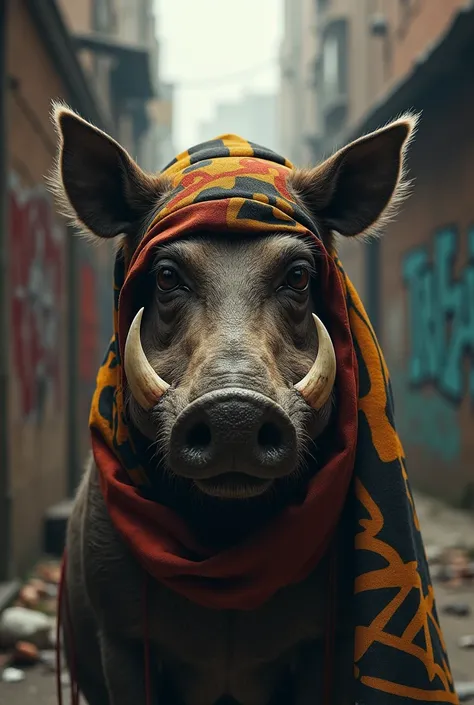 Generate a gangstar warthog image tiring tupac scarf on its heard.