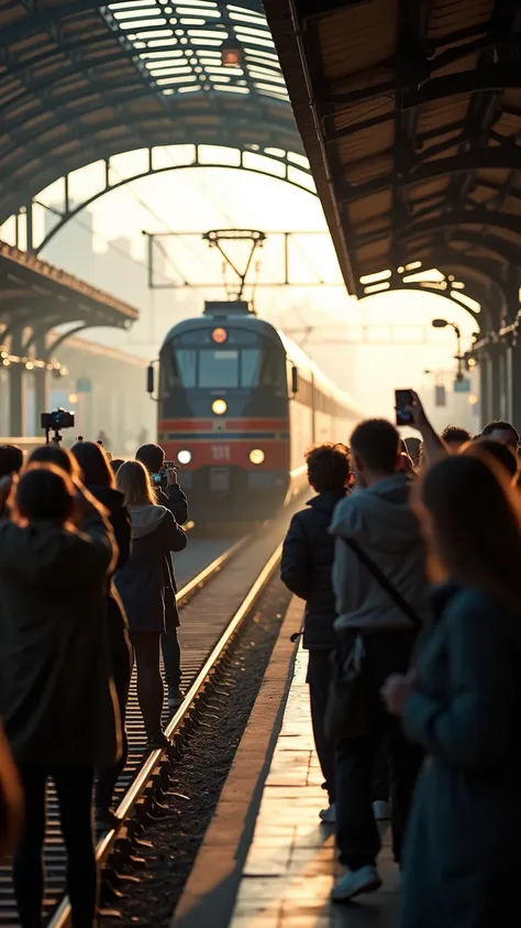 (Masterpiece, High Quality, 4K, 8k, Detail, Aesthetics: 1.2), A lot of Photographers lined up to photograph a train on a station platform with a nice European interior, camera set up on a tripod, looking into the camera, a beautiful train with a retro patt...