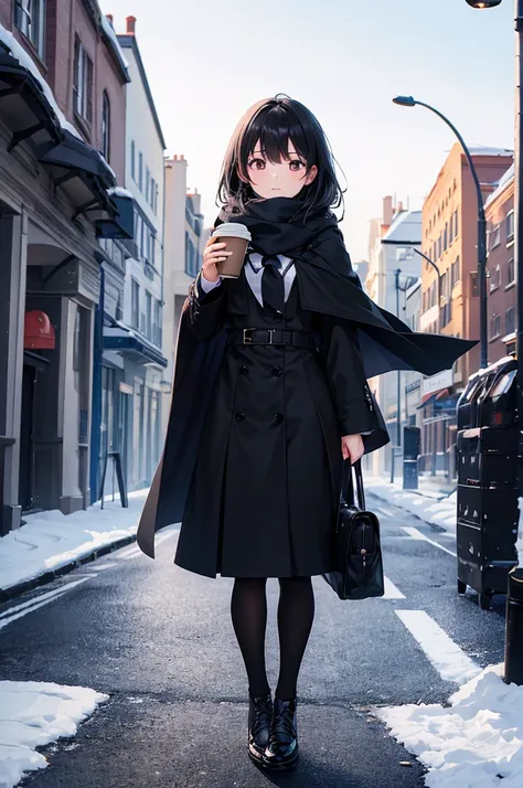 High image quality, high resolution, smooth gradation, vivid colors, a scarf, a black cloak, a black student uniform, black stockings, black lace-up shoes, school bag, black hair, a high school girl, Early morning, blue landscape, late autumn, old town bou...