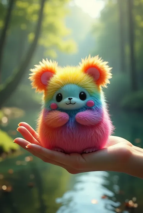 A hand holding an umboi little colored with various shades of colors cute ultra = realistic with very dense fur.  The blurred background is of a forest with a lake behind it.