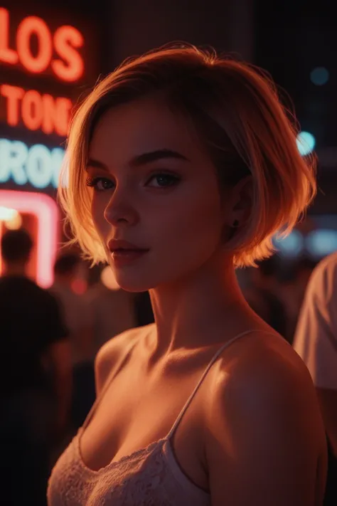 Alternative girl, cropped, semi-new,  short hair, neon light background , low light,  depth of field , Highly Detailed,  high contrast ,  movie grain,  Edge lighting , Long exposure, dslr