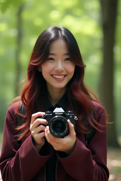 A young woman like Park shin Hye, in her late 20s, with long black hair with high lightings red and expressive dark brown eyes, holding a camera discreetly as she peers out of a central park with a look of curiosity. Wearing a dark red jacket, her smilling...