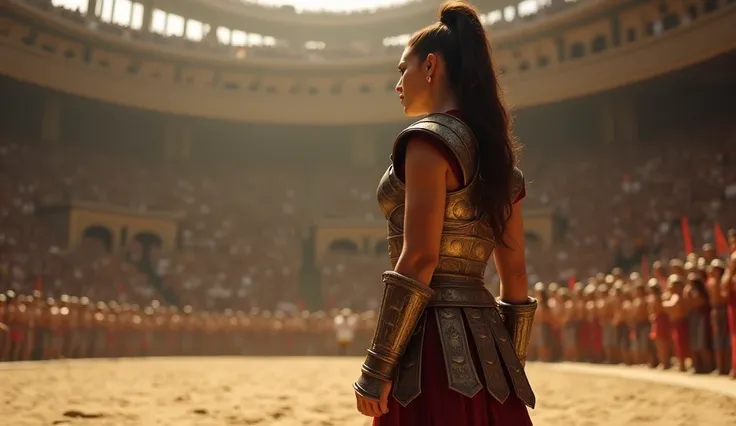 Realistic close-up of a female gladiator in full armor, standing tall in the shadows of a grand arena. The crowd’s roar can be faintly heard in the background, and her focused expression conveys confidence. Sunlight filtering through the arena, casting dra...