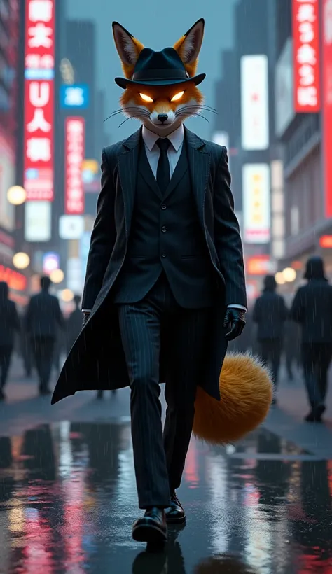 A sharp-dressed anthropomorphic fox in a black pinstripe mafia suit walks confidently through Shibuya Crossing. Its fedora casts a shadow over glowing cybernetic eyes as neon lights reflect off the rain-soaked streets. Crowds of robotic and human figures h...