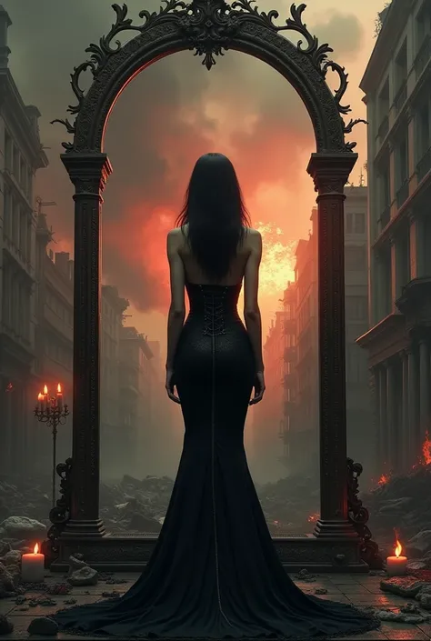 Please make me a picture of a gothic woman with ideal body proportions standing in front of a mirror while the world is being destroyed