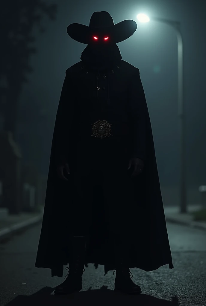  A distant dark figure dressed in a Gaúcho costume(black hat, Pala black ,  black boots and silver spurs ) About the light of a distant pole in the middle of the night .  Over your hat ,  the only thing you can see are her bright red eyes