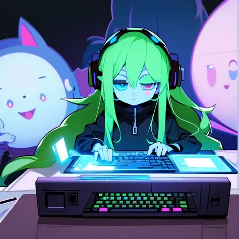 Terada Terakaze 「(((Anime)))  one woman, desk that was separated in the middle,Put your hands on the keyboard , long hair,( green hair), A woman with a book is using a computer on a , headphones, rainbow heterochromia,((black and blue eyes)), deep blue eye...